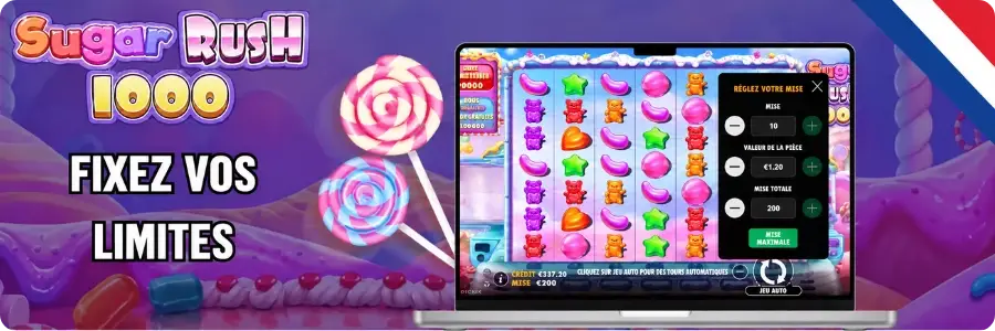 Écran de Sugar Rush 1000 avec un compteur de tours et un minuteur de session à côté d’un petit drapeau français, pour rappeler de limiter même les sessions gratuites