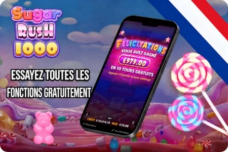 Grille de bonbons de Sugar Rush 1000 en pleine cascade, avec des cases multiplicatrices lumineuses là où des clusters ont déjà payé