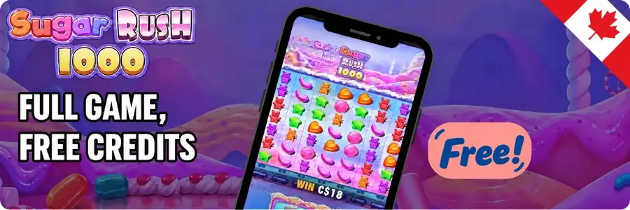 Sugar Rush 1000 demo and paid versions shown side by side, with matching paytables and win values on both screens
