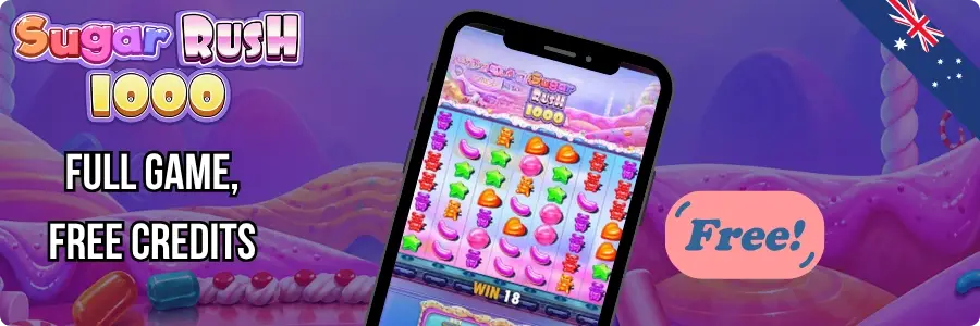Sugar Rush 1000 demo and paid versions shown side by side, with matching paytables and win values on both screens