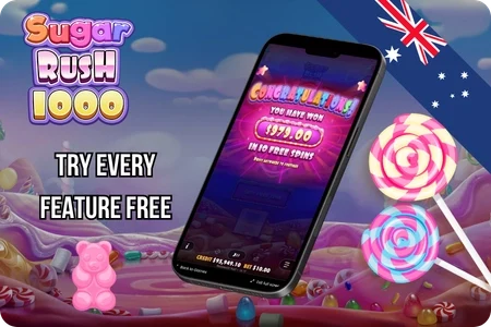 Sugar Rush 1000 candy grid mid-cascade, with glowing multiplier cells marking the spots where earlier clusters paid out