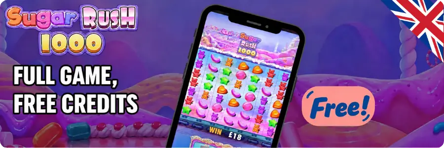 Sugar Rush 1000 demo and paid versions shown side by side, with matching paytables and win values on both screens