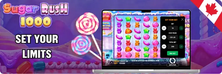 Sugar Rush 1000 screen with a spin counter and session timer beside a small Canadian flag, reminding players to cap even free sessions