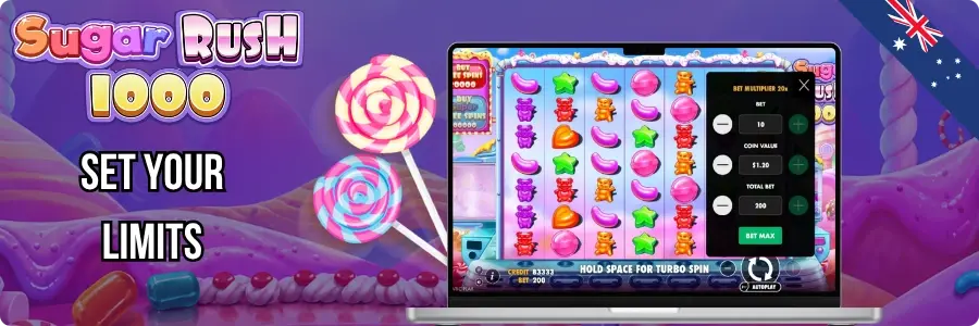 Sugar Rush 1000 screen with a spin counter and session timer beside a small Australian flag, reminding players to cap even free sessions