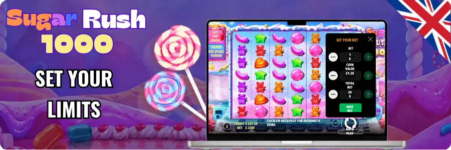 Sugar Rush 1000 screen with a spin counter and session timer beside a small Union Jack, reminding players to cap even free sessions